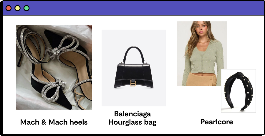 women wearing 2022 fashion trends Mach & Mach heels, Balenciaga Hourglass bag, Pearlcore trend